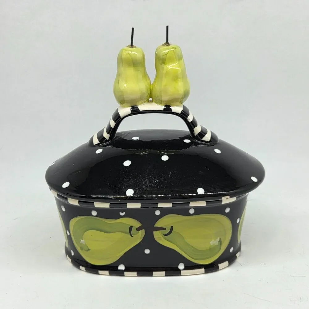 Lynn Morris Studio Pottery Black White Polka Dots Green Pear Covered Dish VGC